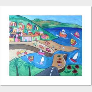 Naive painting of Mousehole Harbour Posters and Art